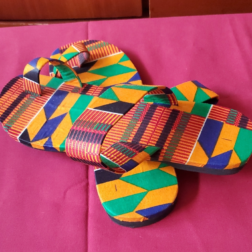 Colorful African Print Slide Sandals - Yellow Green Blue